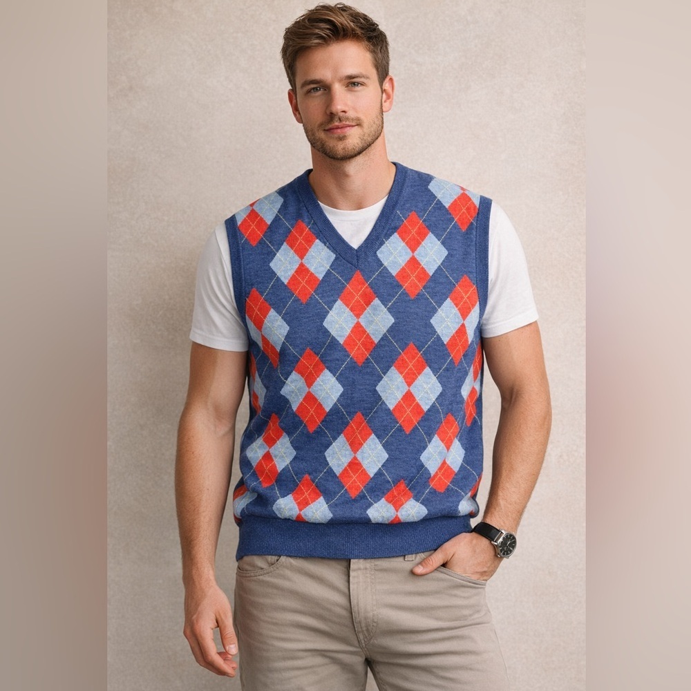 SAXXON Brooks Brothers Men's Size M Blue & Orange Wool V-Neck Sweater Vest